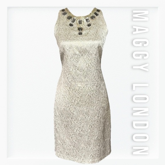 Maggy London Metallic Gold and Cream Jacquard Weave Embellished Shift Dress sz 6 - Picture 1 of 15